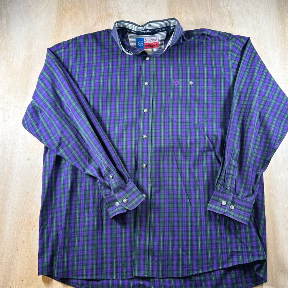 George Strait Cowboy Cut Wrangler Mens XL Purple Green Plaid Button Down Shirt